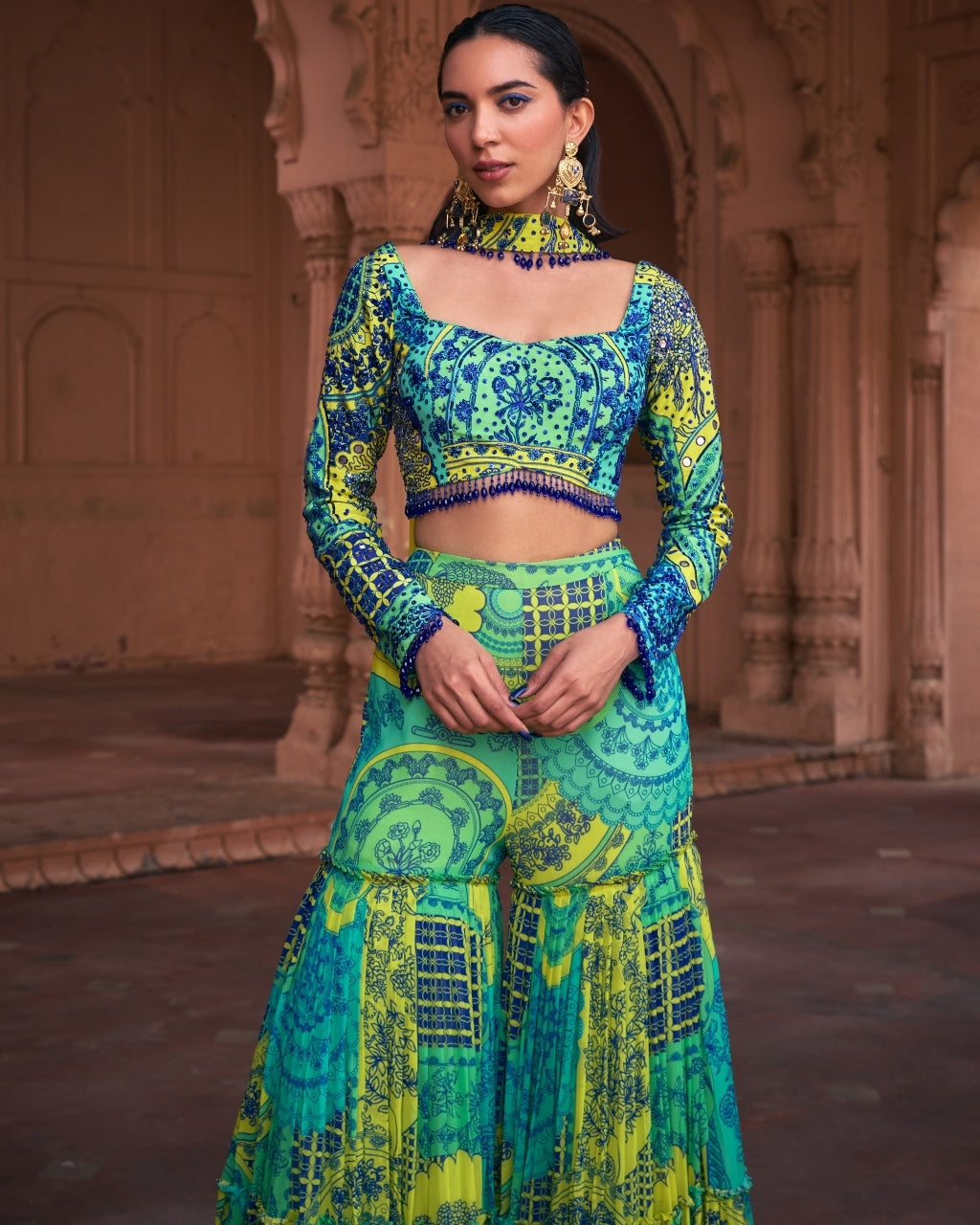 Lime Yellow Thikri Print & Highlighted Crop Top Set