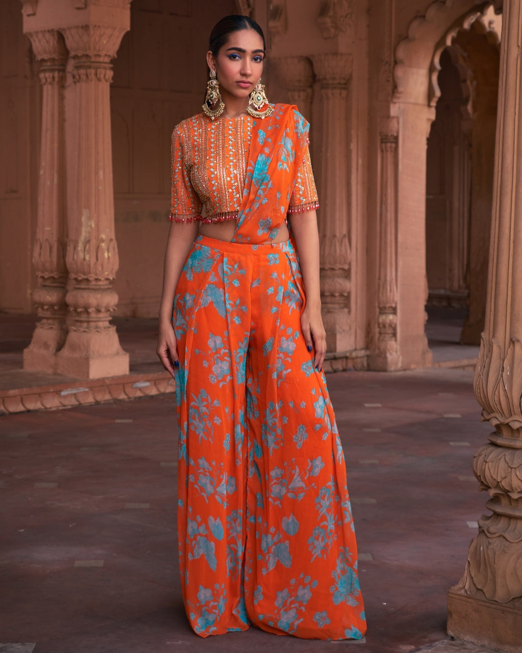 Tangerine Floral Print and Highlighted Pant Sari Set