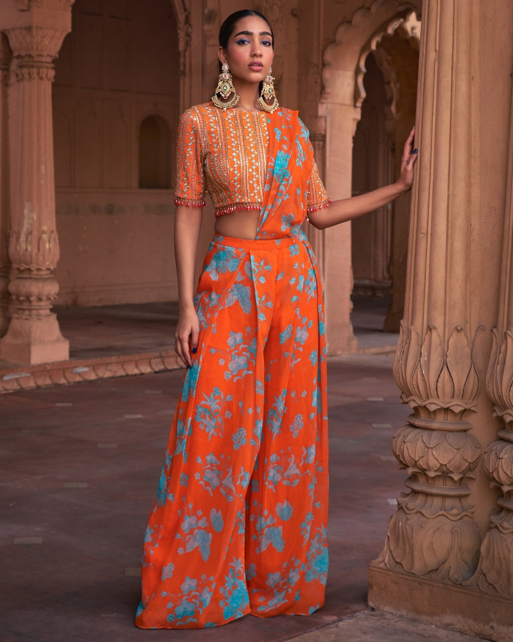 Tangerine Floral Print and Highlighted Pant Sari Set