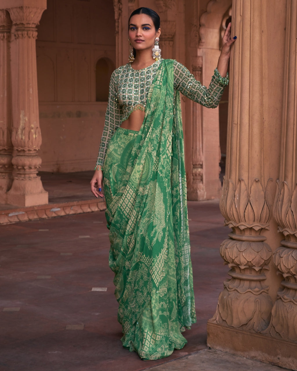 Sage Green Thikri Print and Highlighted Sharara Sari Set