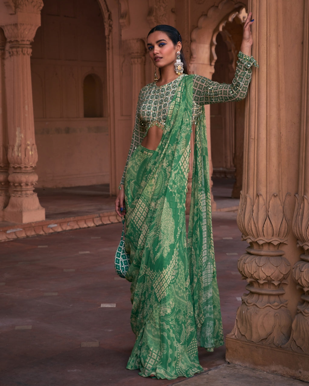 Sage Green Thikri Print and Highlighted Sharara Sari Set