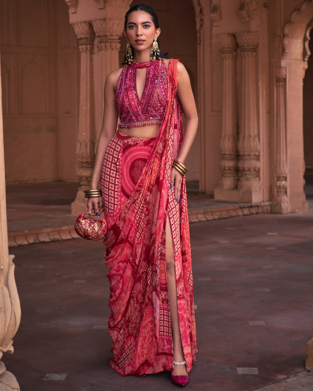 Maroon Thikri  Highlighted Slit Sari Set