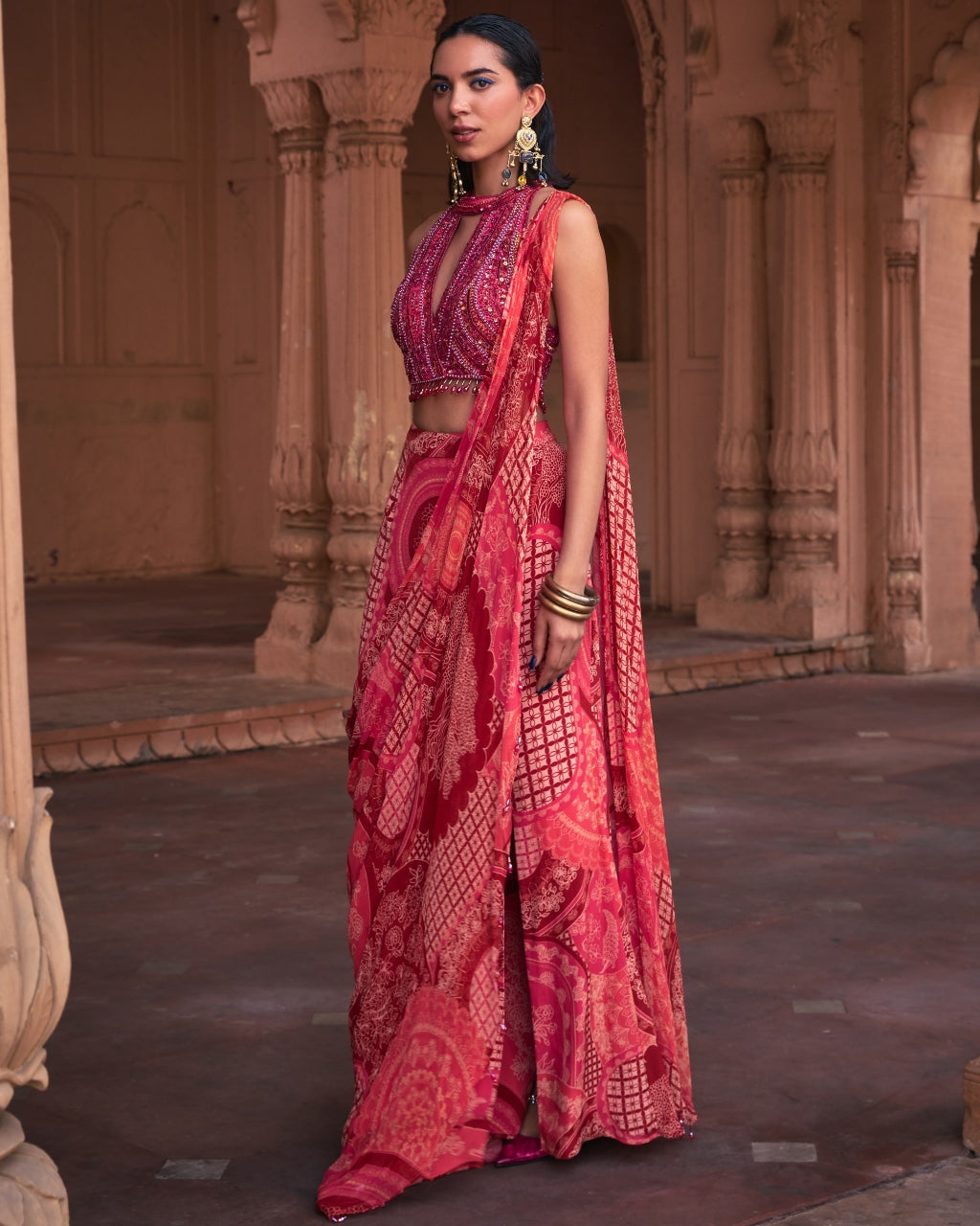 Maroon Thikri  Highlighted Slit Sari Set