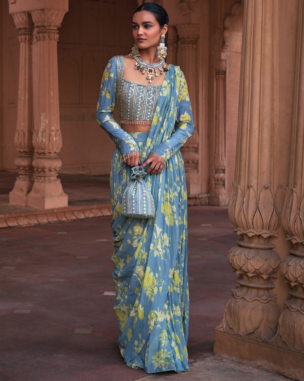 Ice Blue Floral Print & Highlighted Sari Set