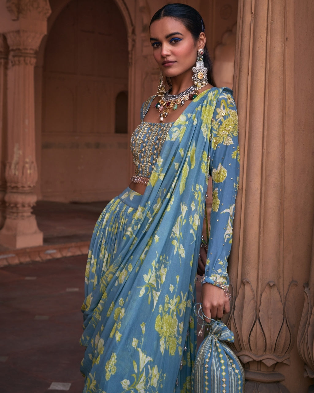 Ice Blue Floral Print & Highlighted Sari Set