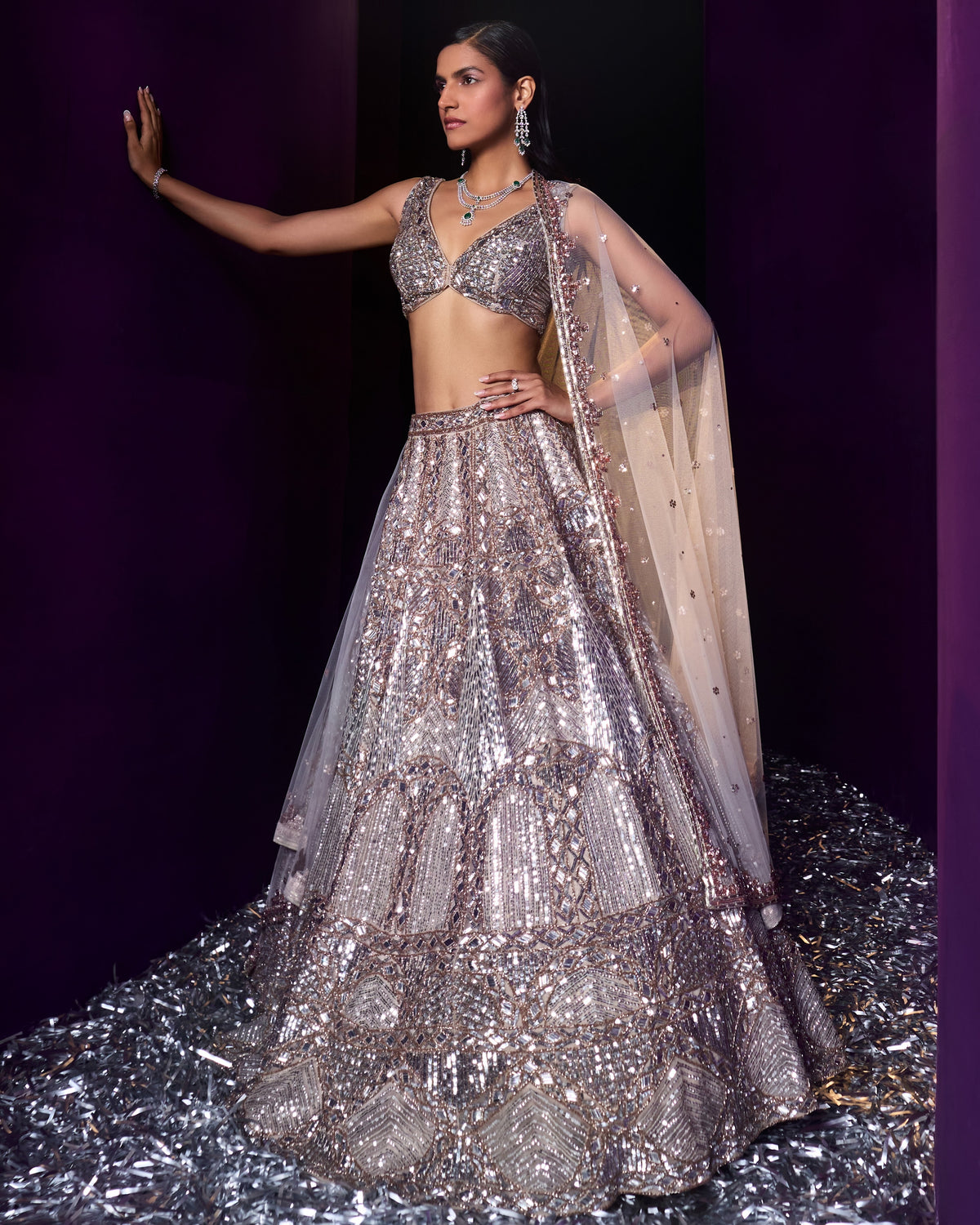 Mihira Champagne Organza Lehenga Set