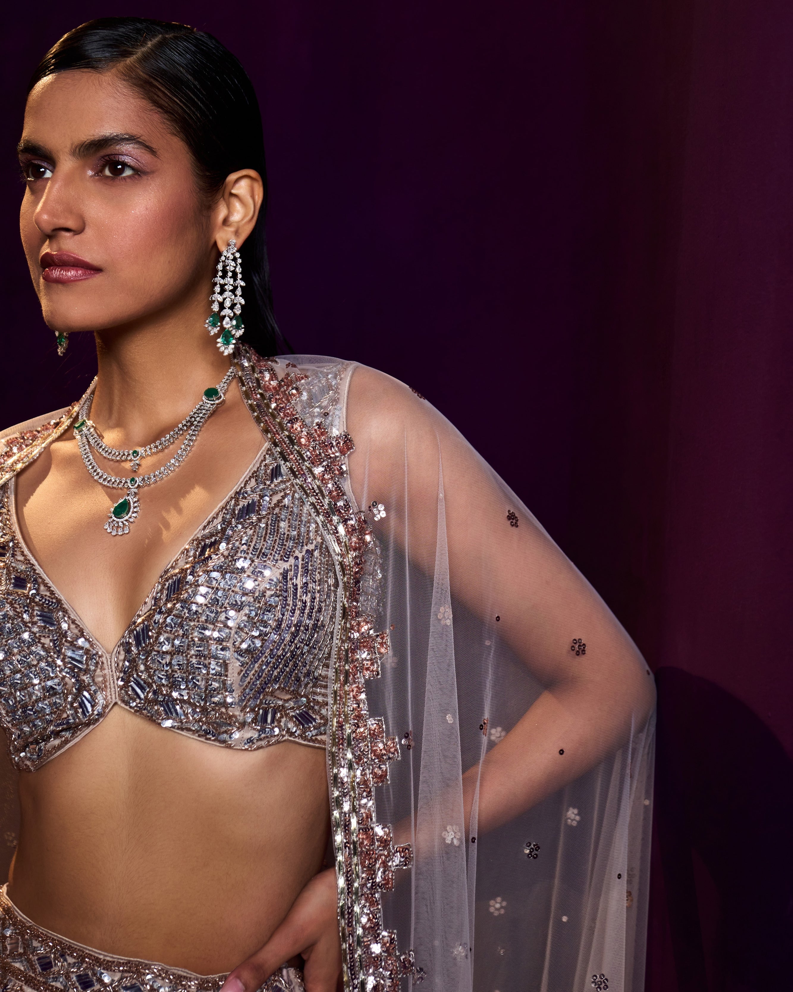Mihira Champagne Organza Lehenga Set