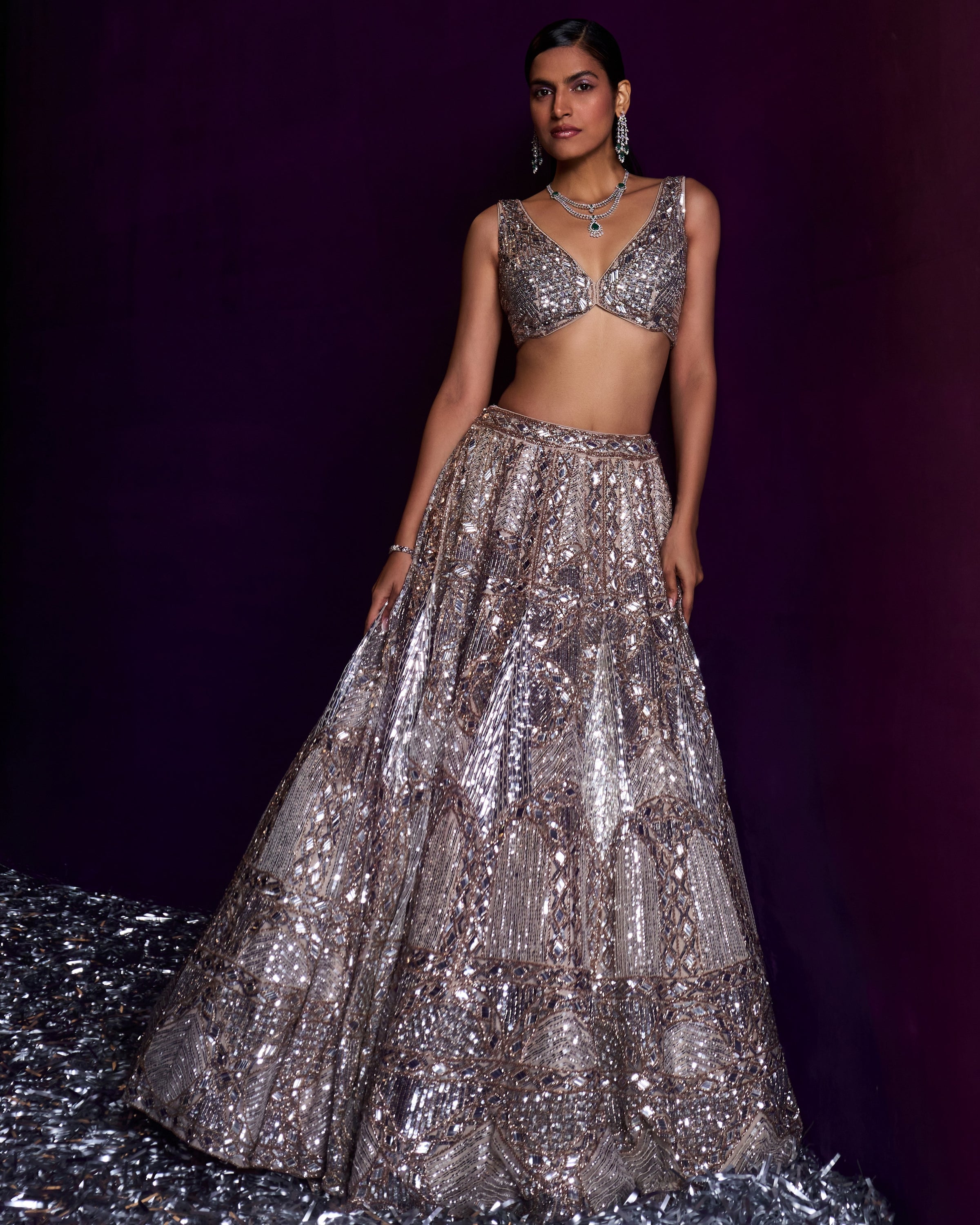 Mihira Champagne Organza Lehenga Set