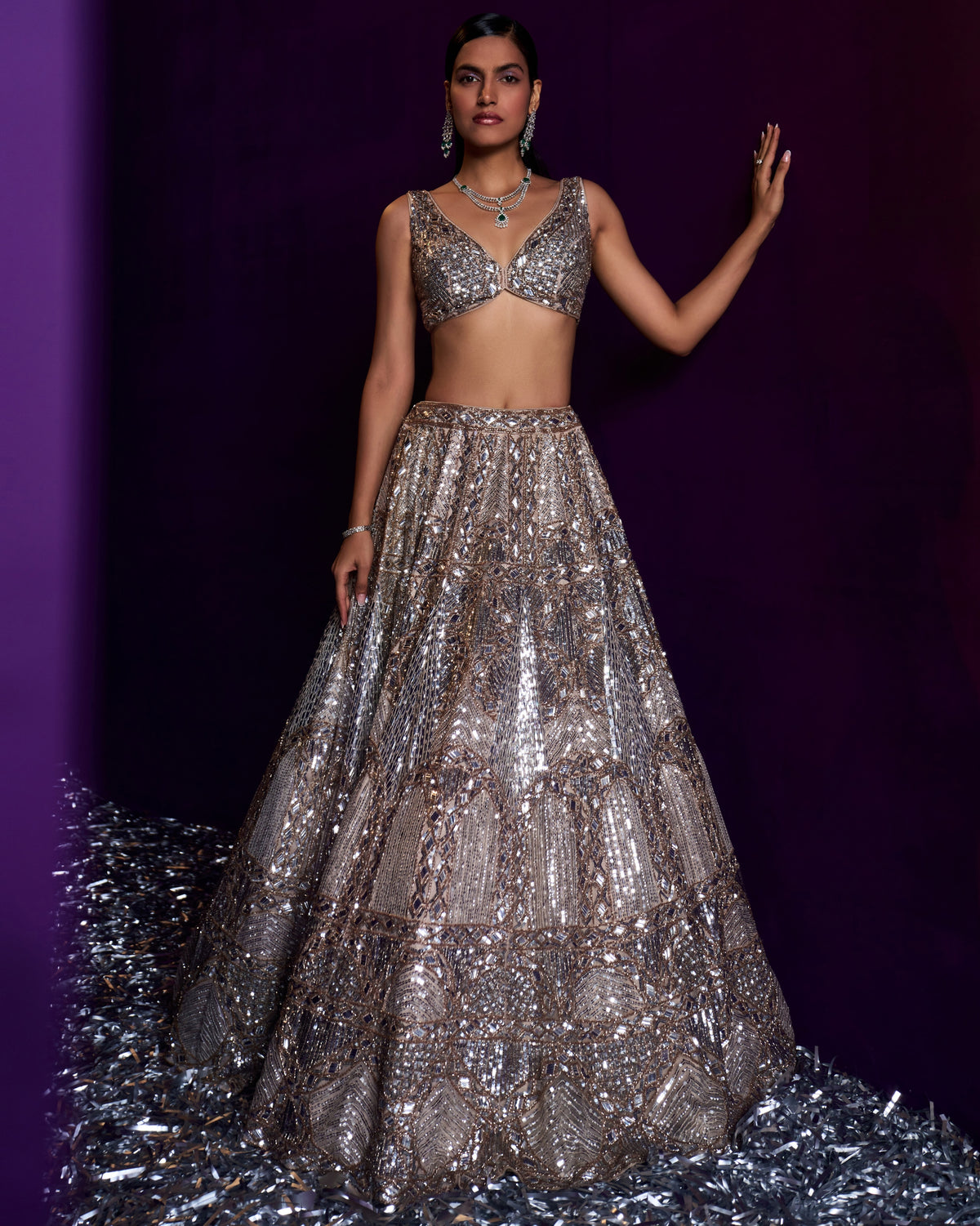 Mihira Champagne Organza Lehenga Set