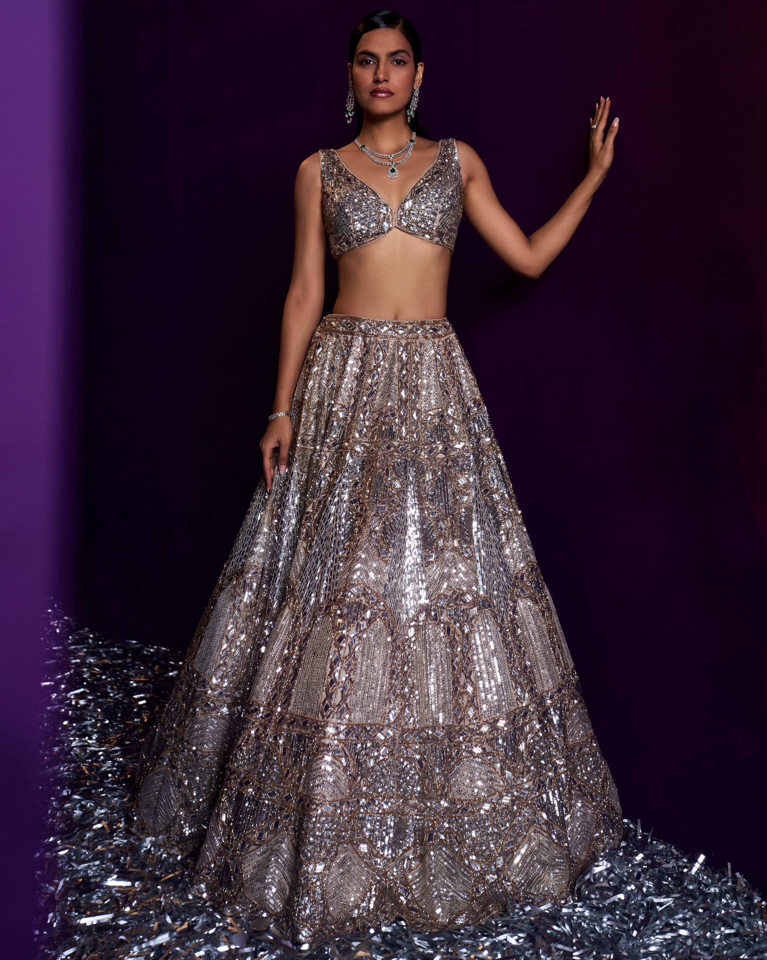 Mihira Champagne Organza Lehenga Set