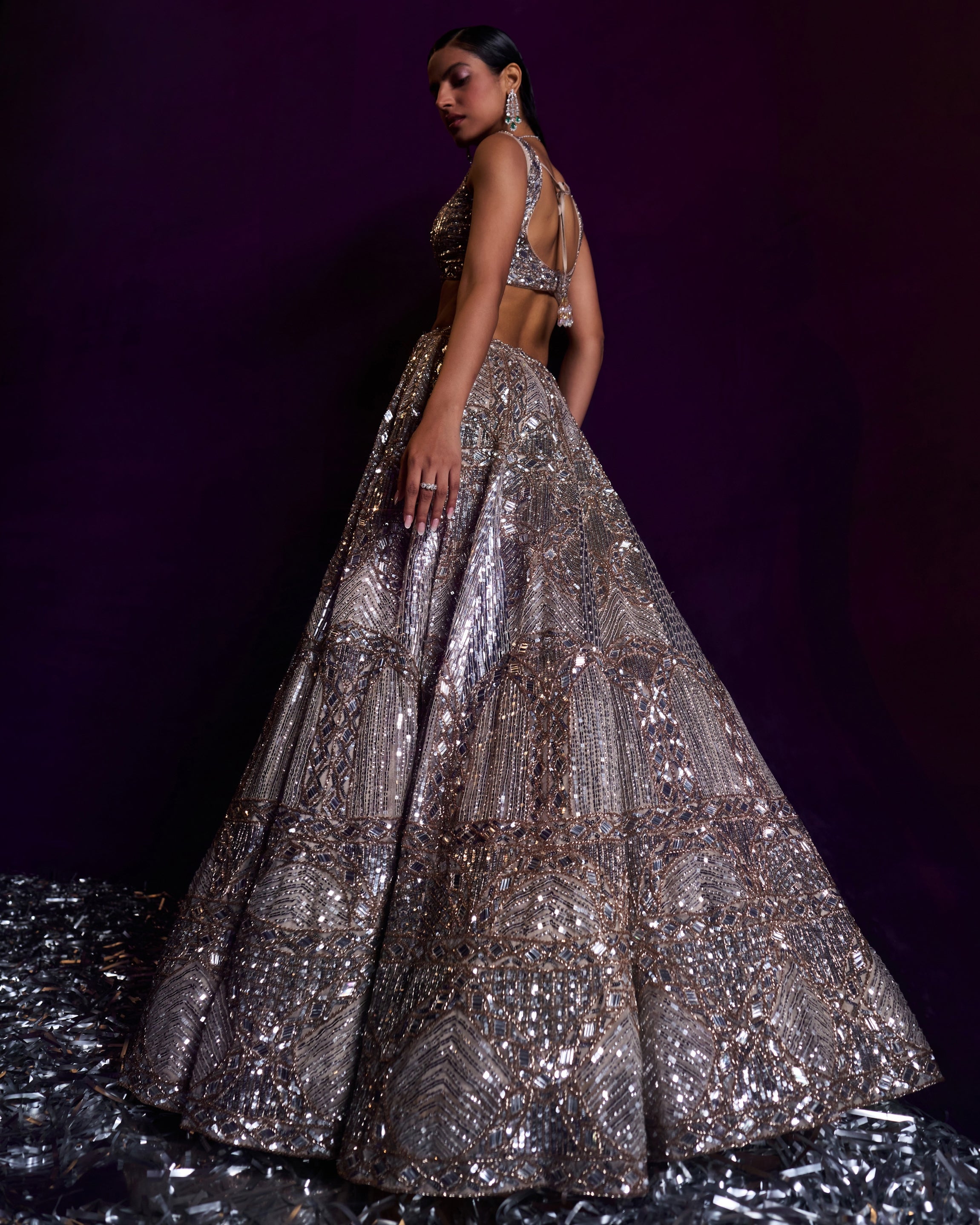 Mihira Champagne Organza Lehenga Set