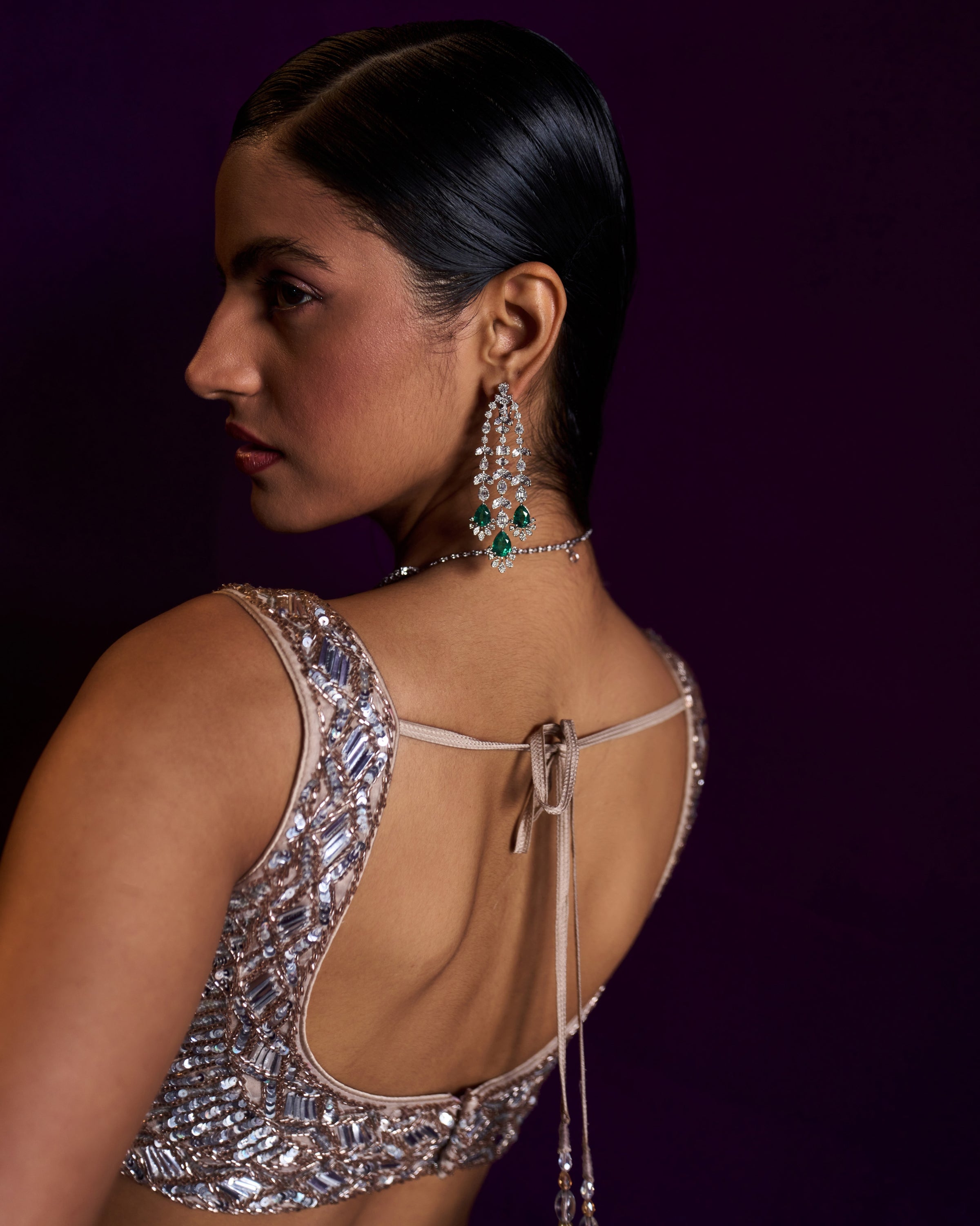Mihira Champagne Organza Lehenga Set