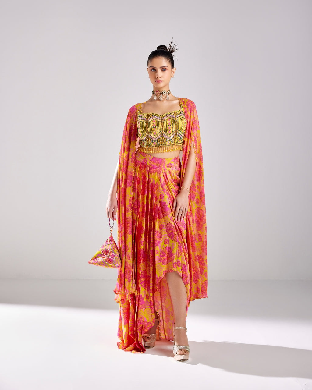 Yellow And Pink Printed & Embroidered Dhoti Skirt Set
