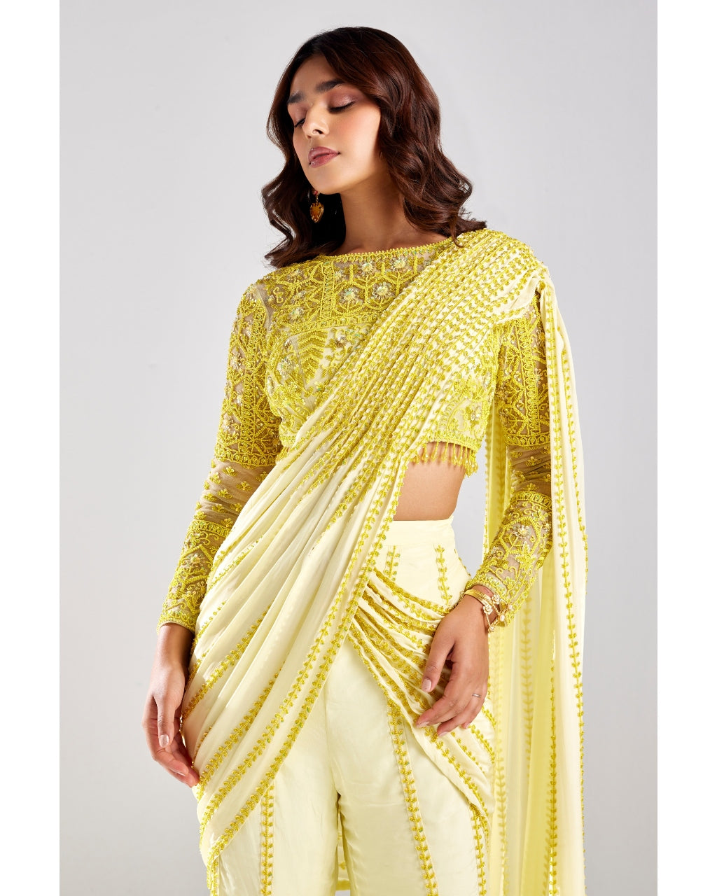 Pastel Yellow Embroidered Pant Sari Set