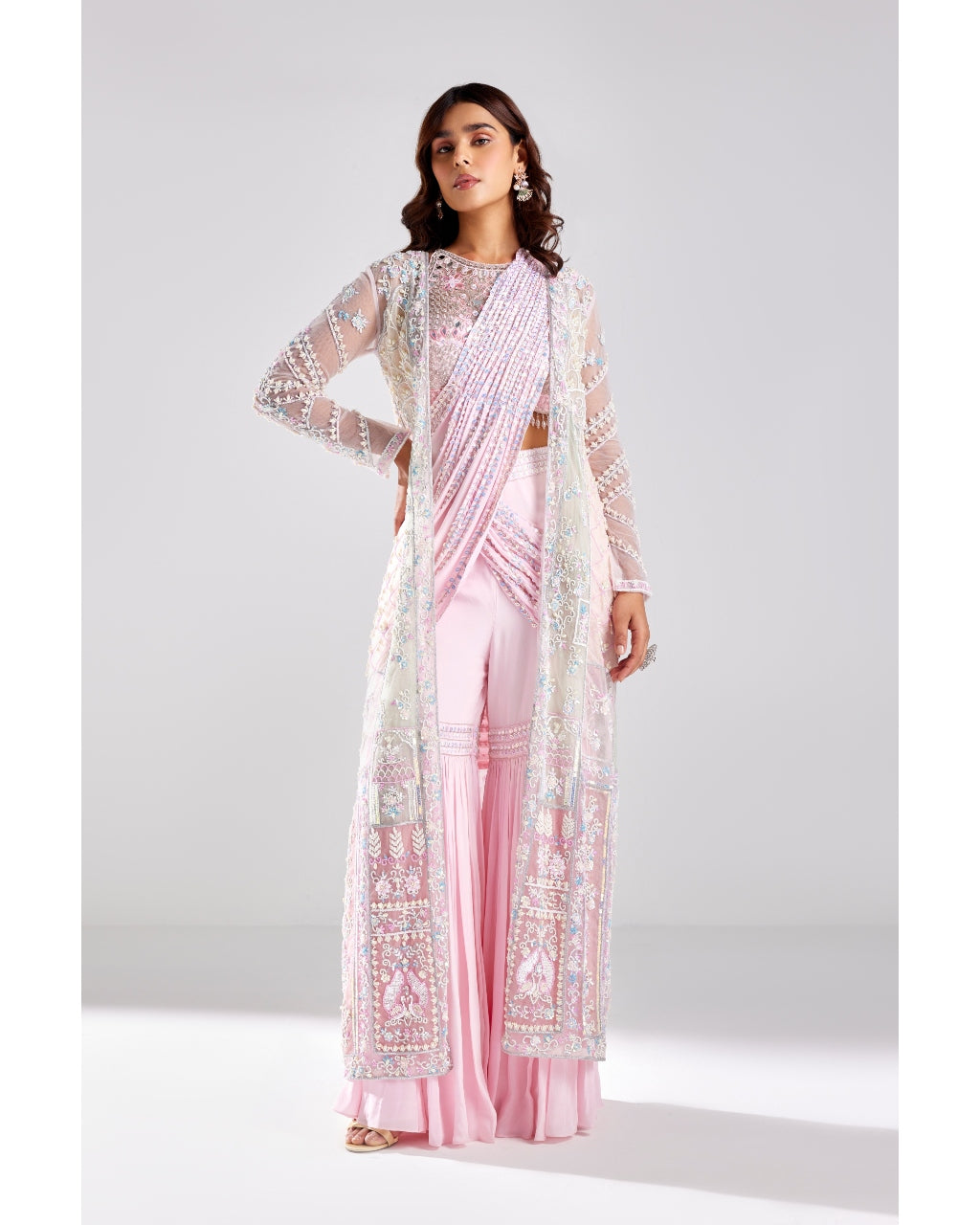 Blush Pink Embroidered Cape With Pant Sari Set By Diya Rajvvir