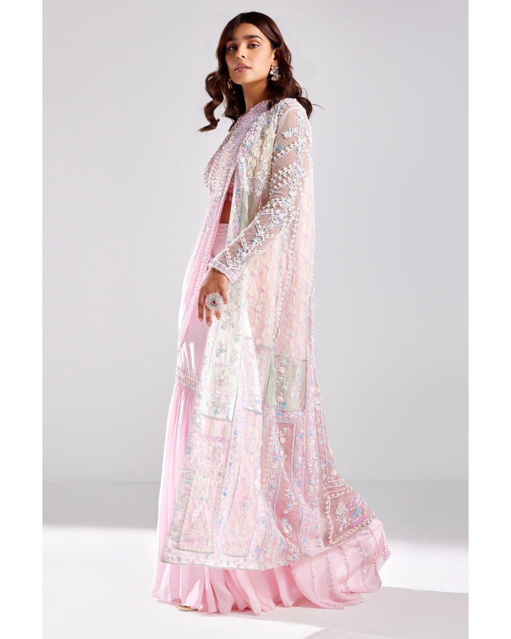 Blush Pink Embroidered Cape With Pant Sari Set