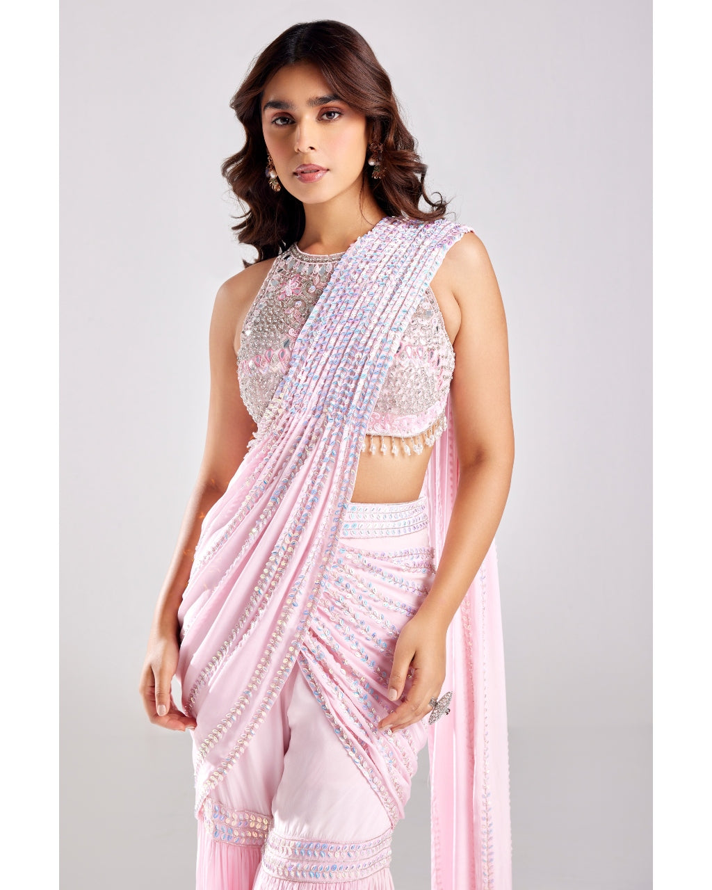 Blush Pink Embroidered Cape With Pant Sari Set
