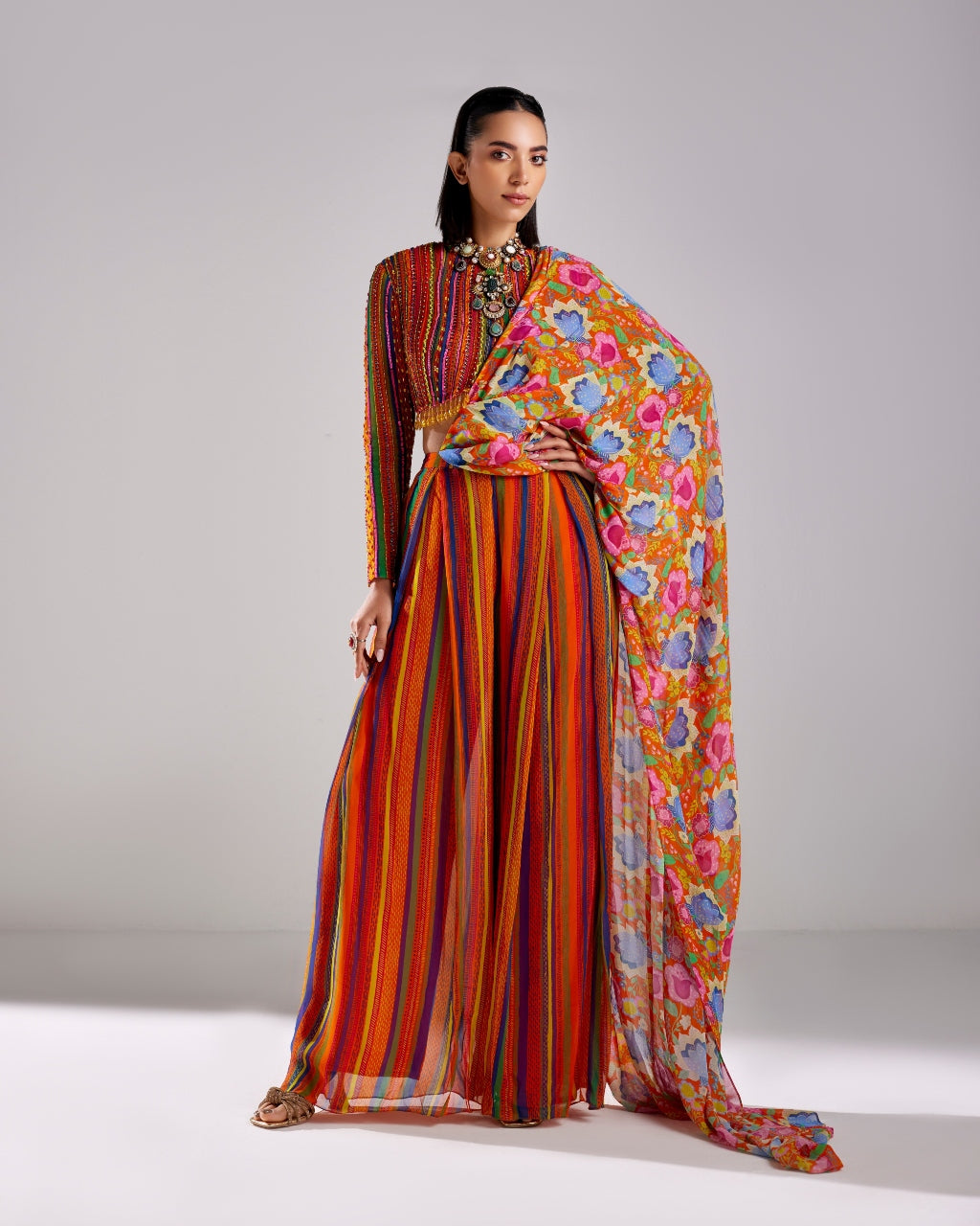 Rust Stripe Printed & Embroidered Sari Set