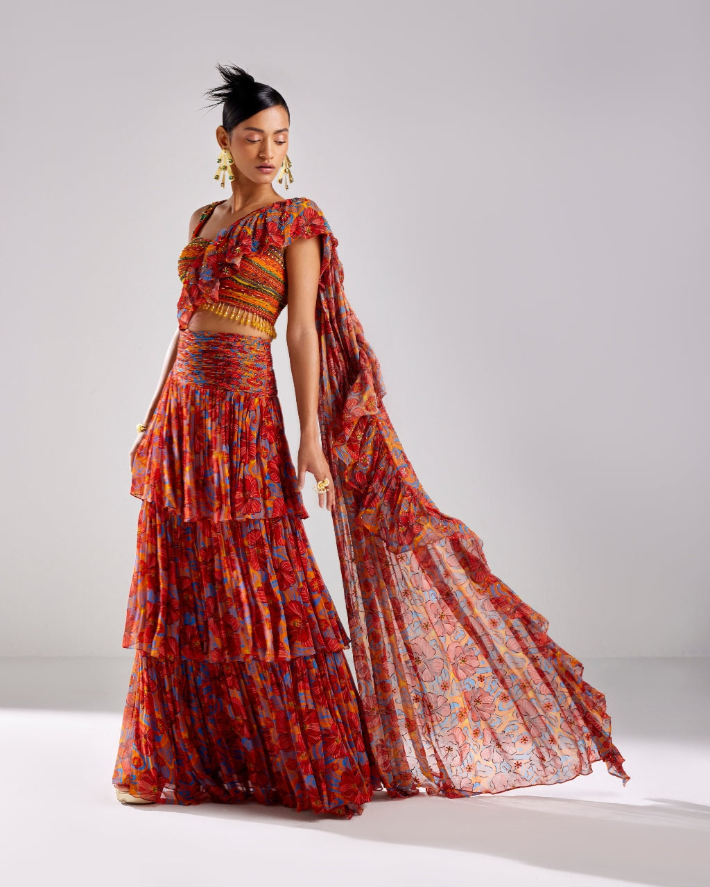 Rust Printed & Embroidered Sari Set