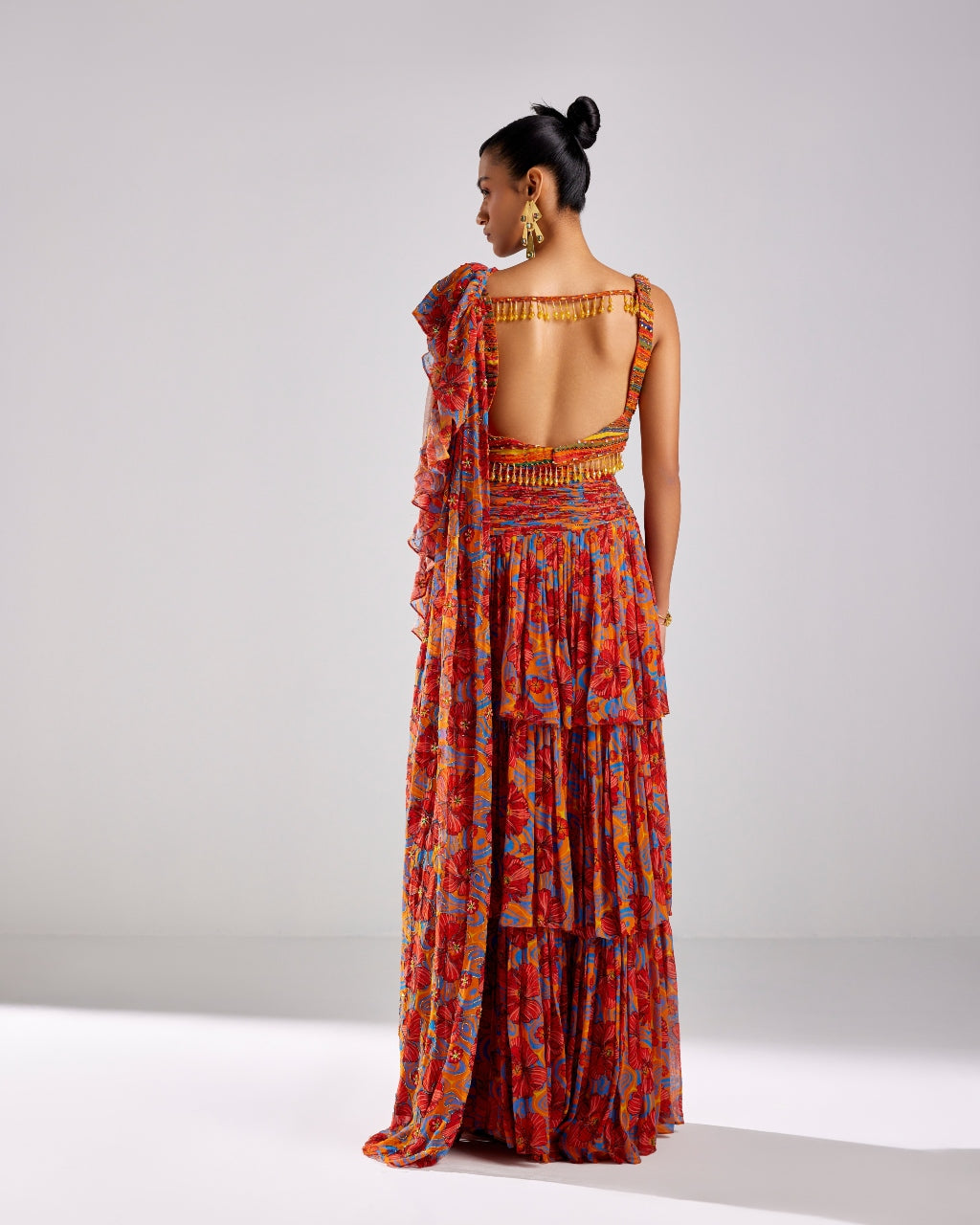 Rust Printed & Embroidered Sari Set