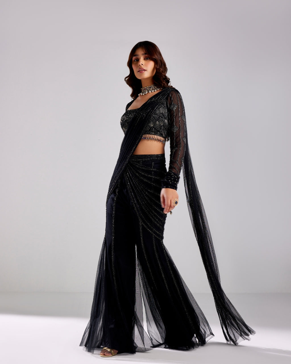 Black Embroidered Pant Sari Set