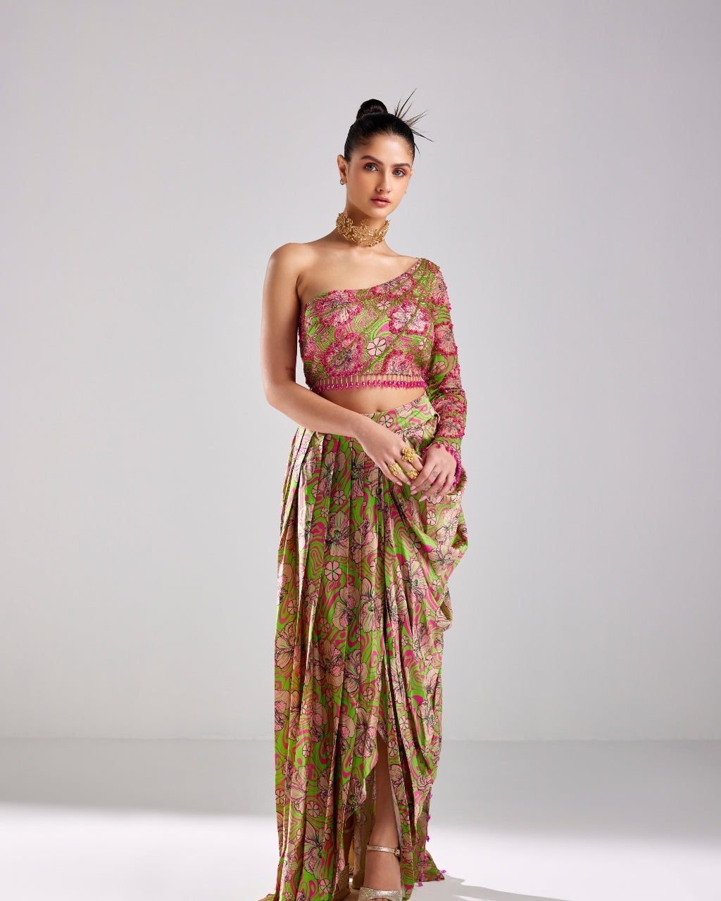 Neon Green Printed & Embroidered Dhoti Skirt Set