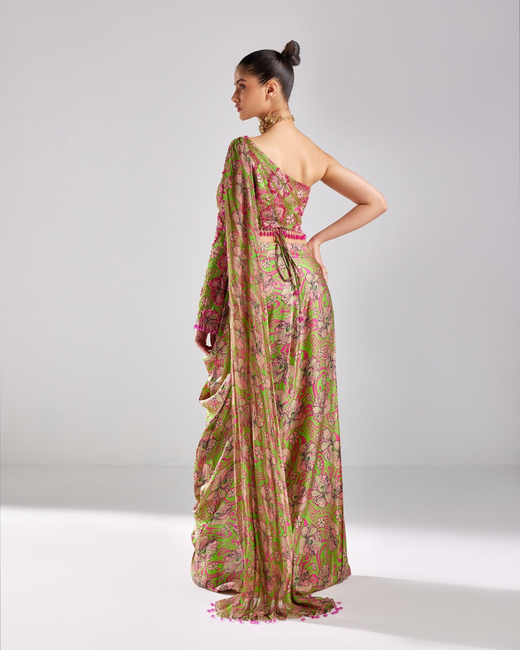 Neon Green Printed & Embroidered Dhoti Skirt Set