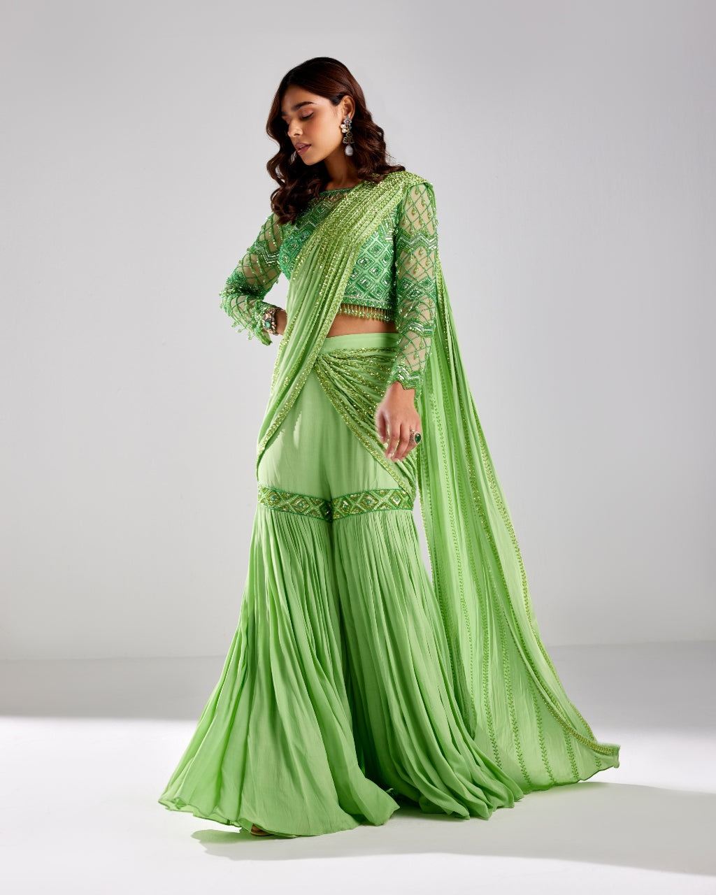 Mint Green Embroidered Gharara Sari Set