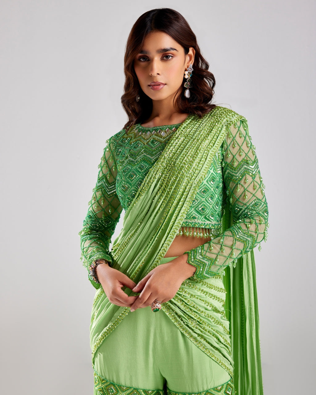 Mint Green Embroidered Gharara Sari Set