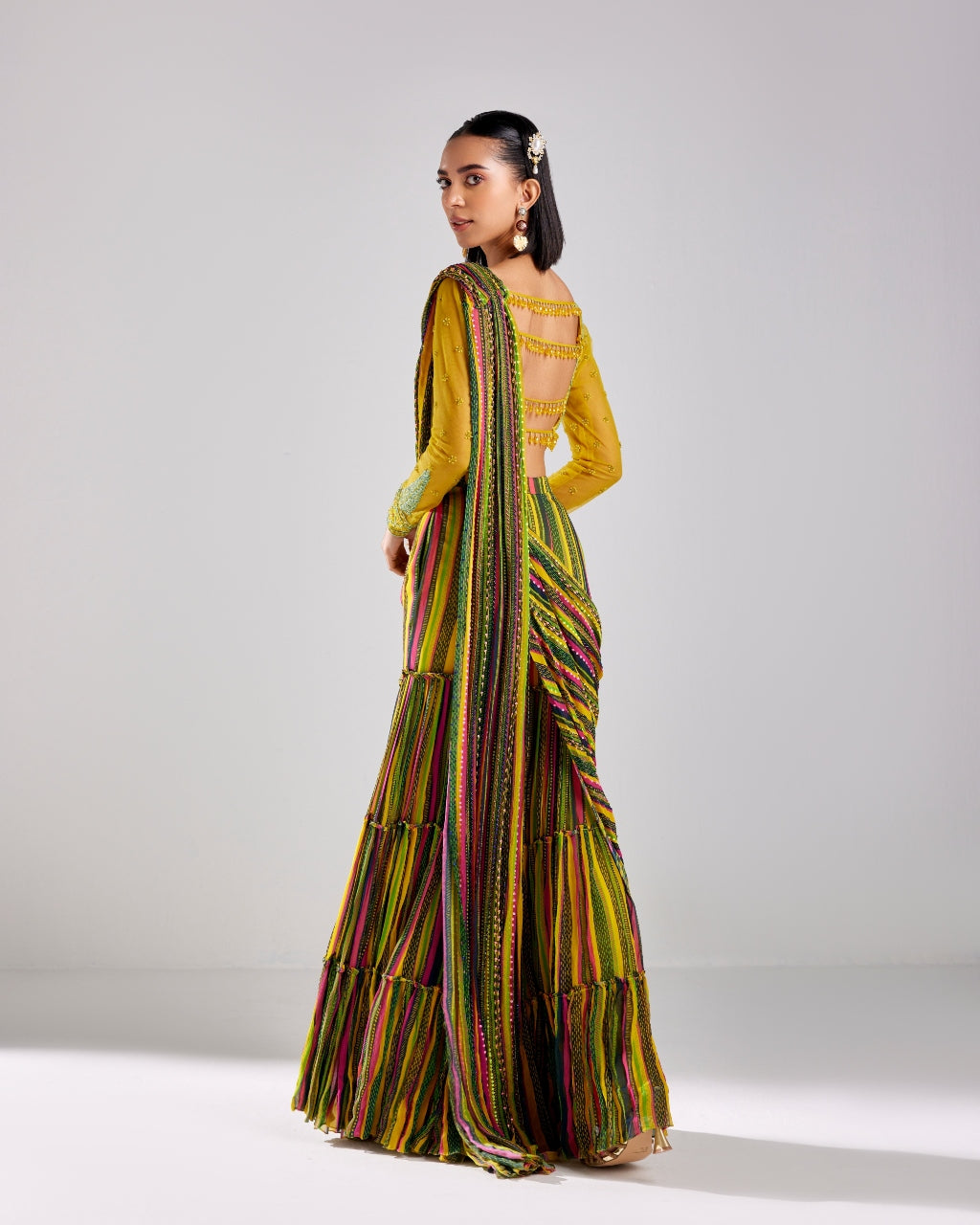 Multicolor Printed & Embroidered Pant Sari Set