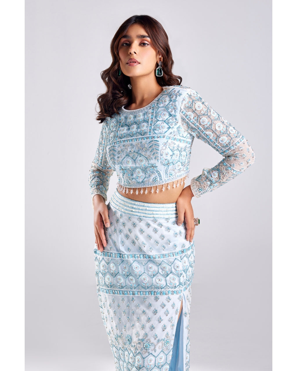 Powder Blue Embroidered Crop Top And Skirt Set