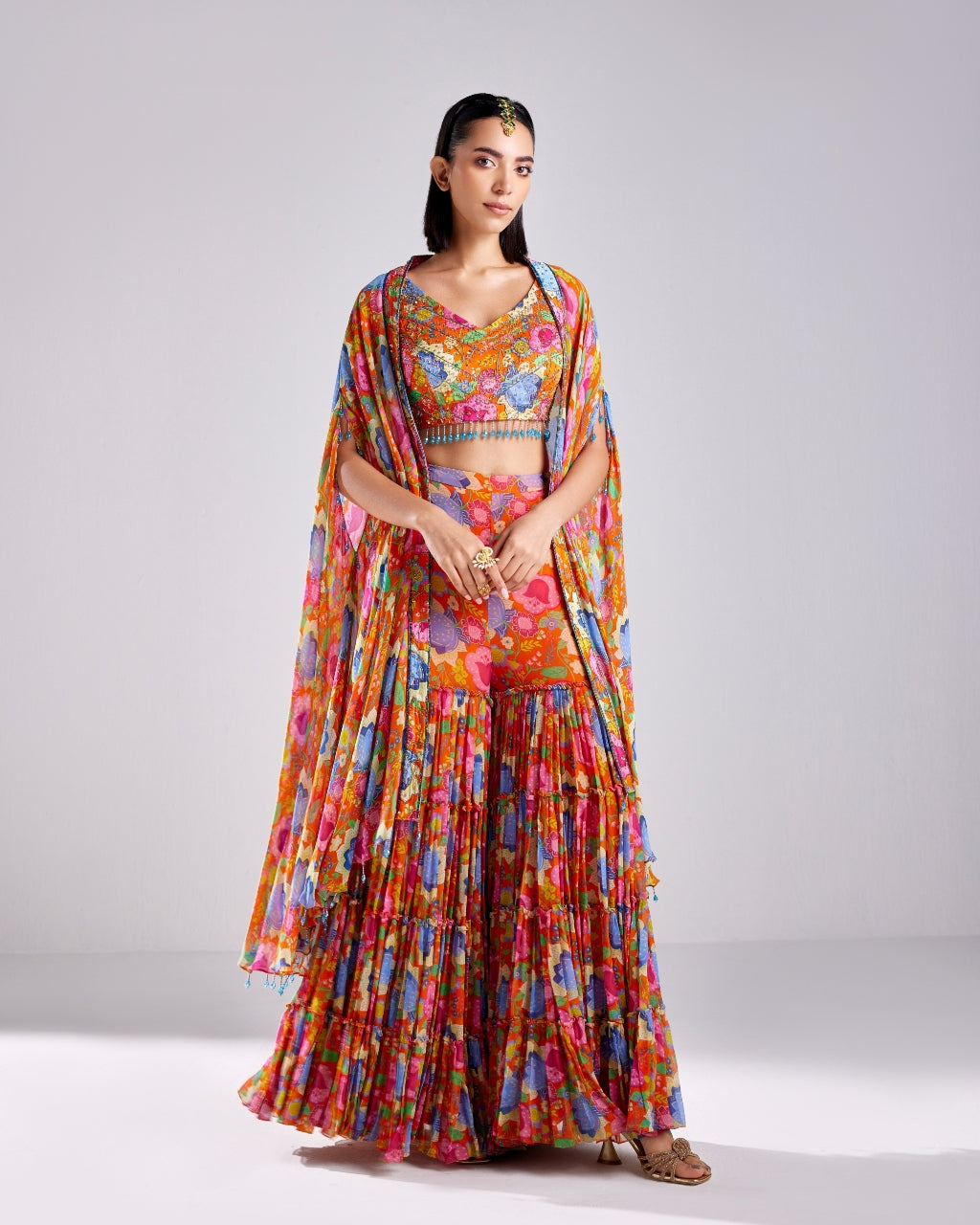Rust Floral Jaal Printed & Embroidered Cape Set