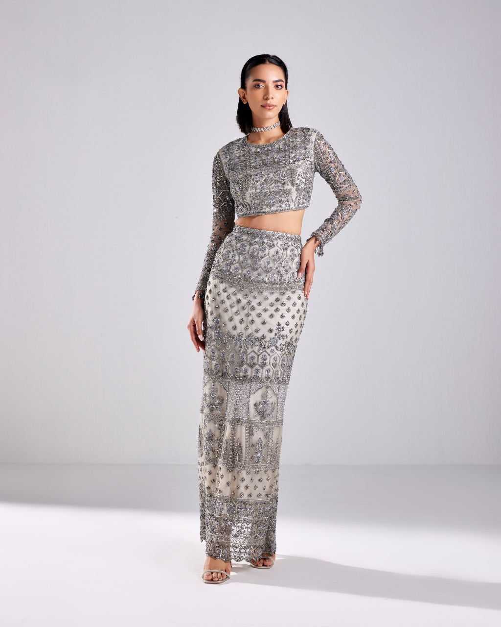 Grey Embroidered Crop Top And Skirt Set