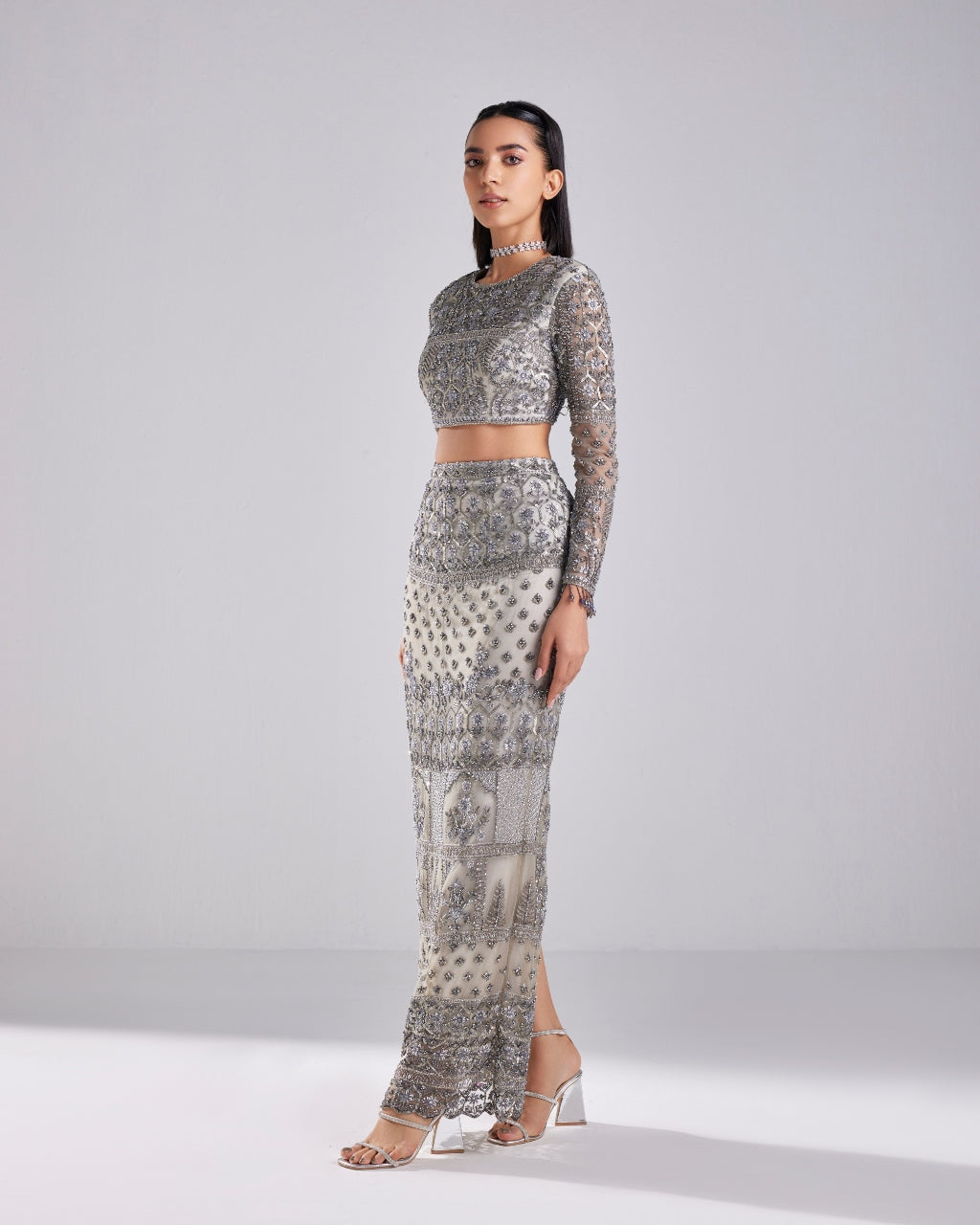 Grey Embroidered Crop Top And Skirt Set