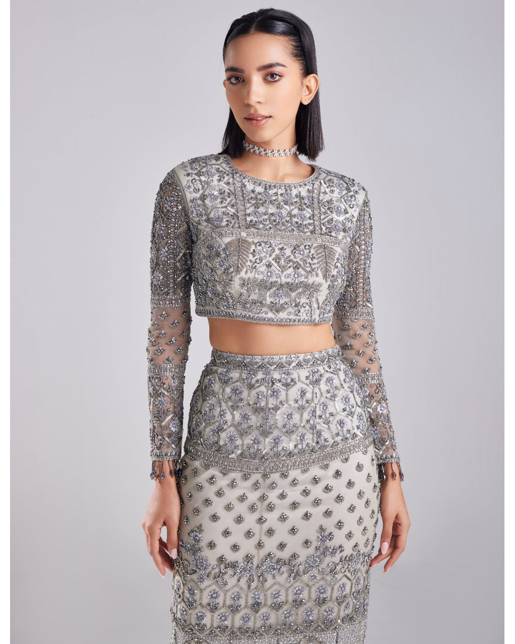 Grey Embroidered Crop Top And Skirt Set