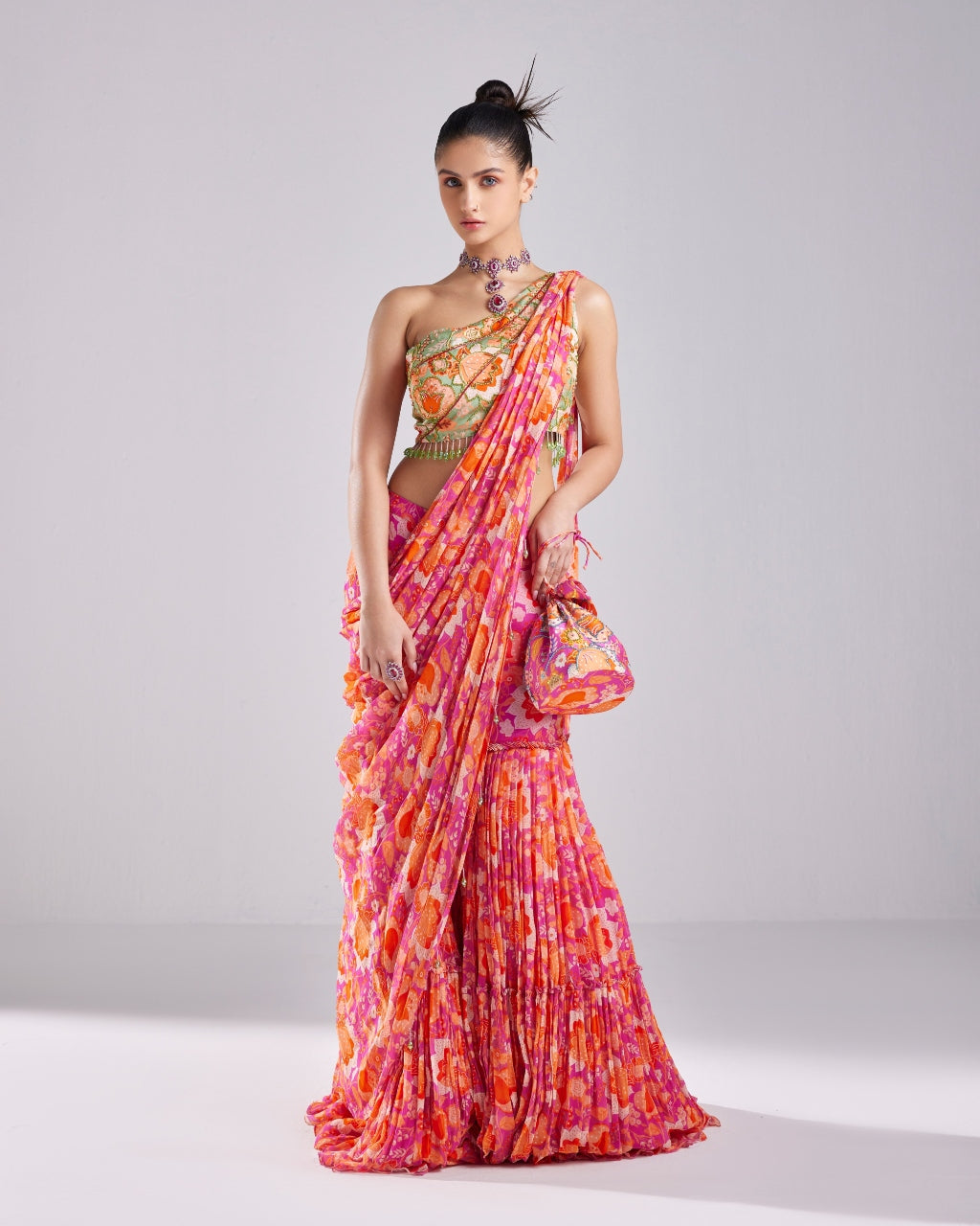 Fuchsia Printed & Embroidered Gharara Sari Set