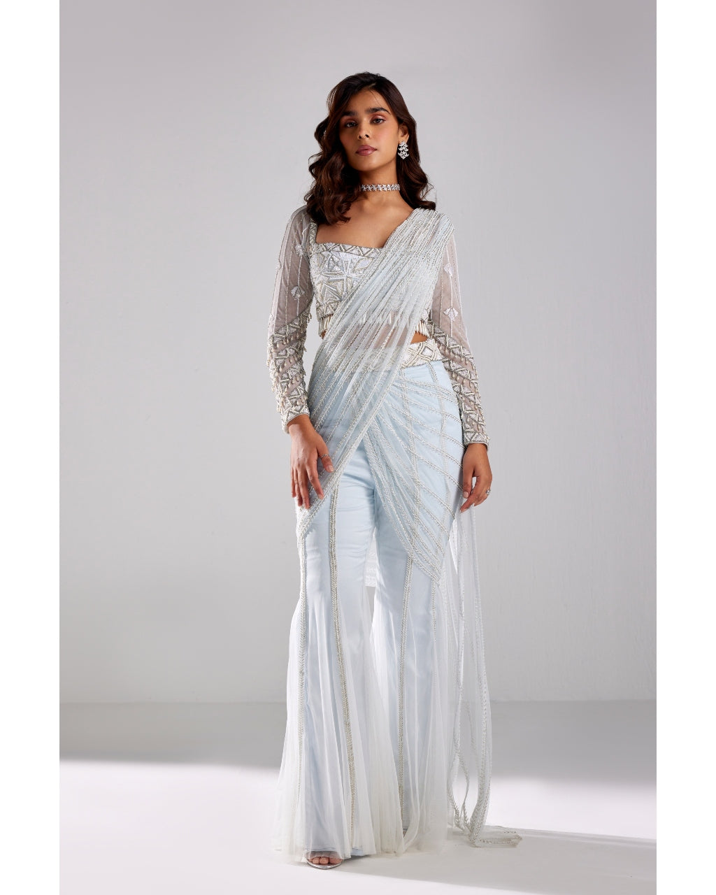 Ice Blue With Silver & White Embroidered Pant Sari Set By Diya Rajvvir