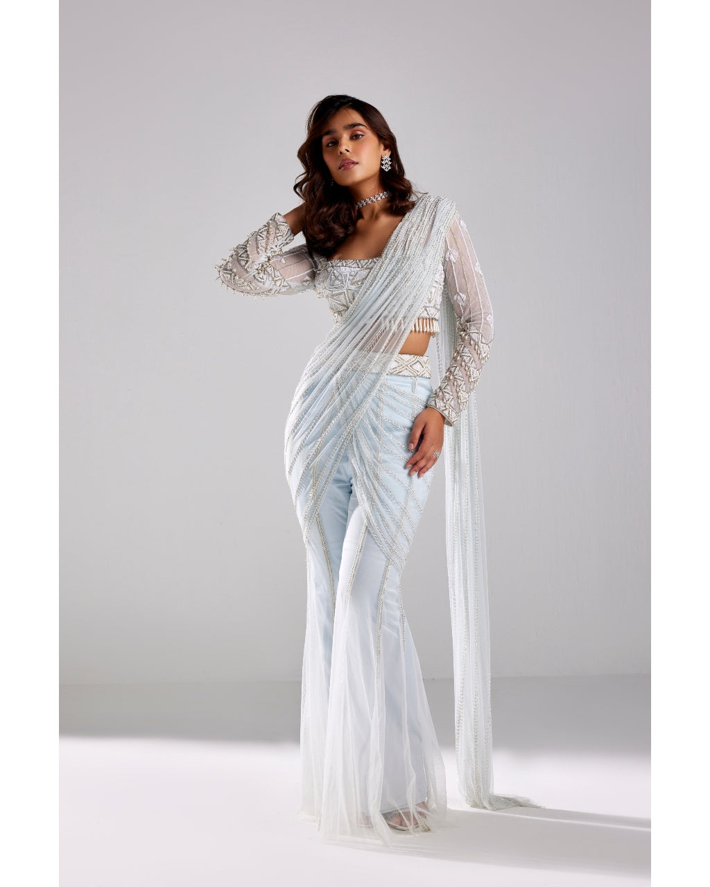 Ice Blue With Silver & White Embroidered Pant Sari Set