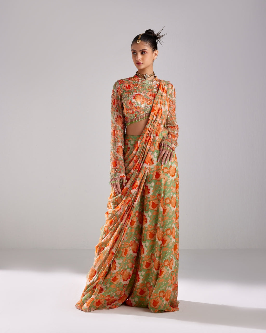 Mint Green Printed & Embroidered Pant Sari Set