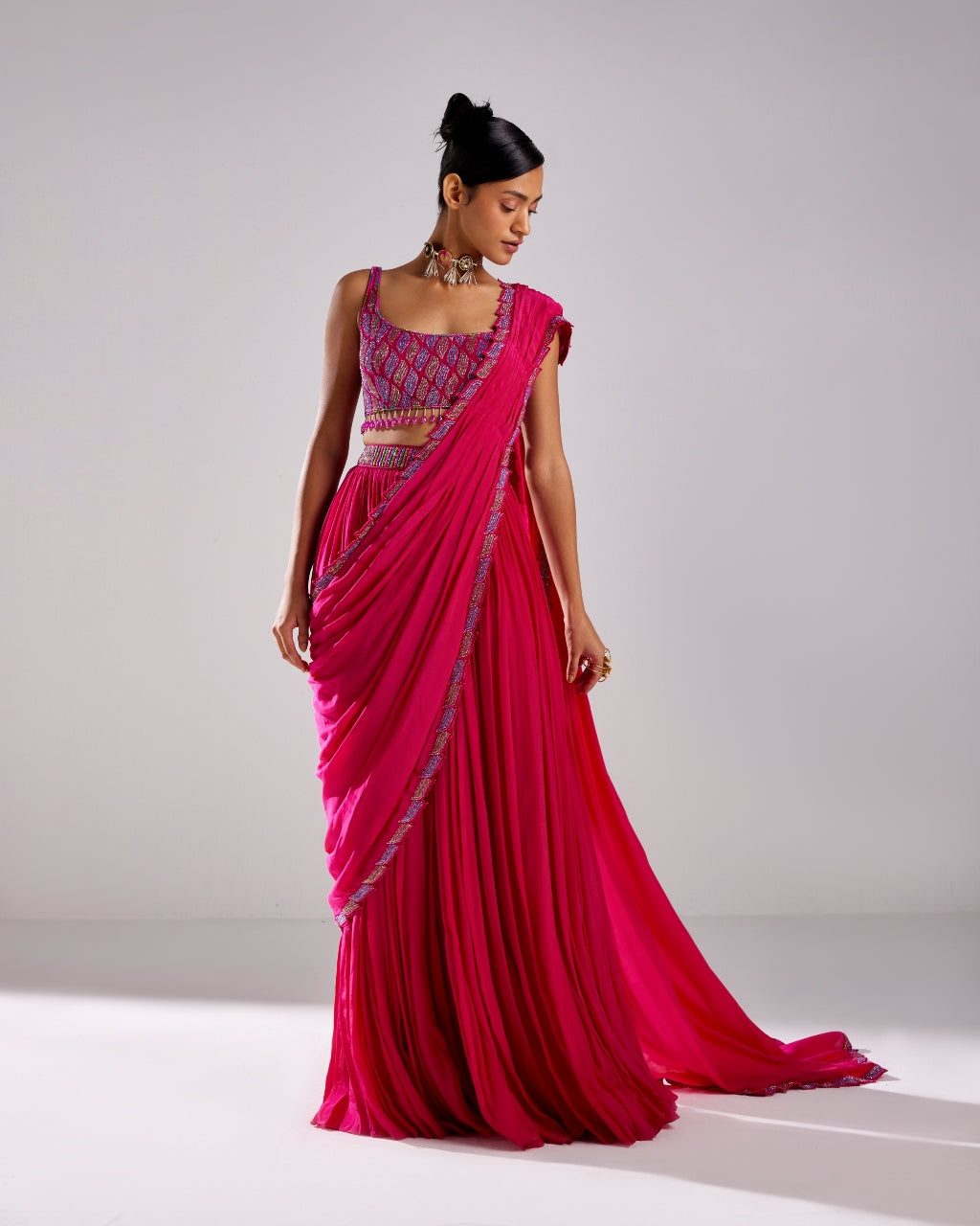 Fuchsia Pink Embroidered Skirt Sari Set