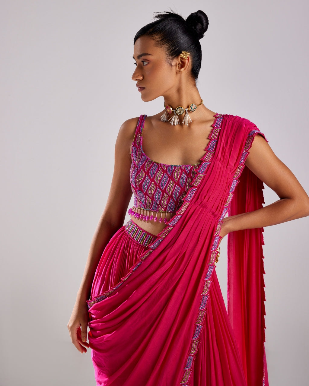 Fuchsia Pink Embroidered Skirt Sari Set