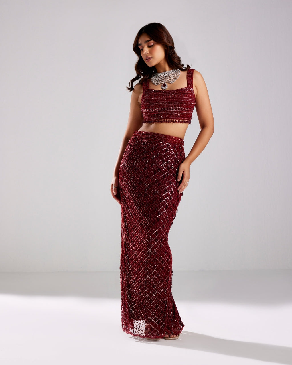 Marsala Embroidered Crop Top And Skirt Set