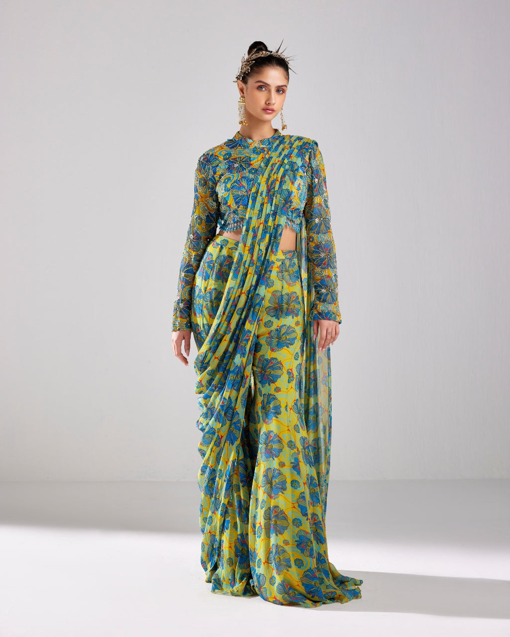 Blue Printed & Embroidered Pant Sari Set