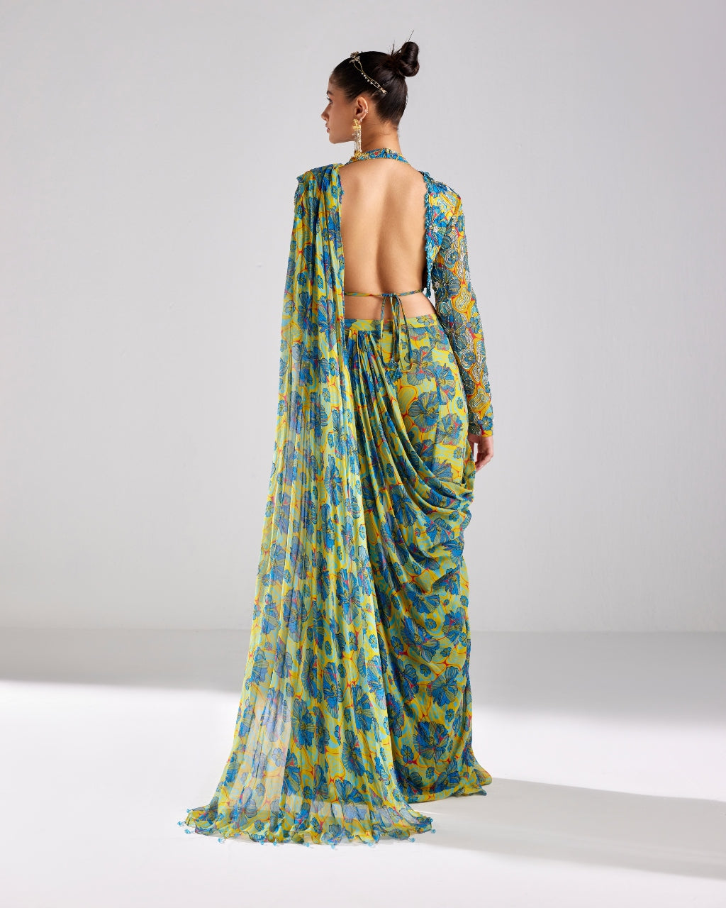 Blue Printed & Embroidered Pant Sari Set