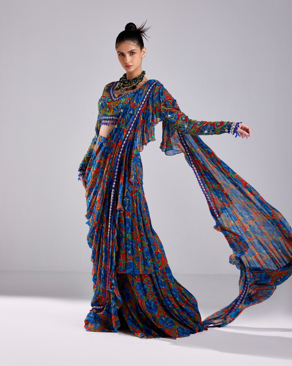 Blue Floral Printed & Embroidered Sari Set