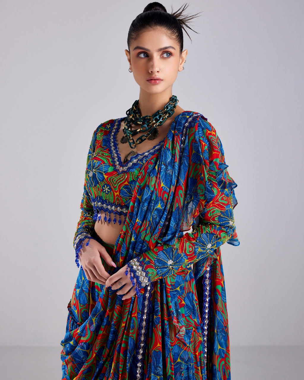 Blue Floral Printed & Embroidered Sari Set