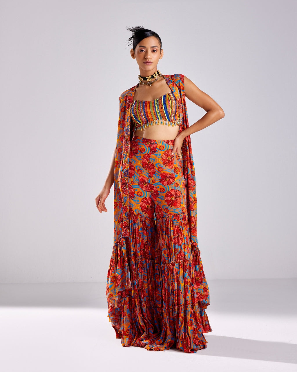 Rust Stripe Printed & Embroidered Cape Set