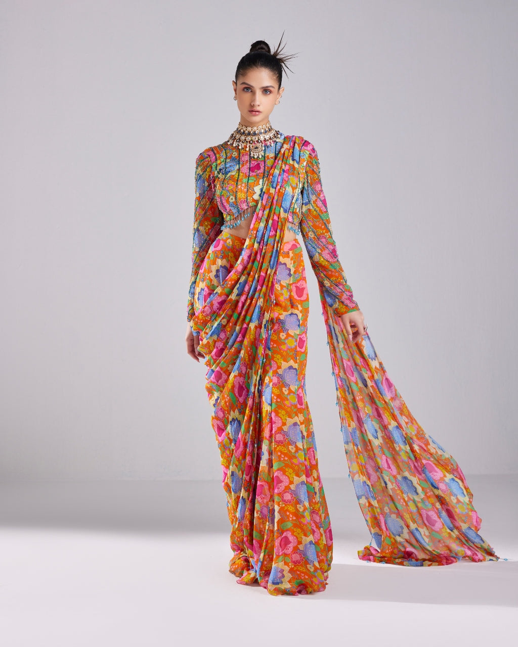 Rust Floral Printed & Embroidered Sari Set