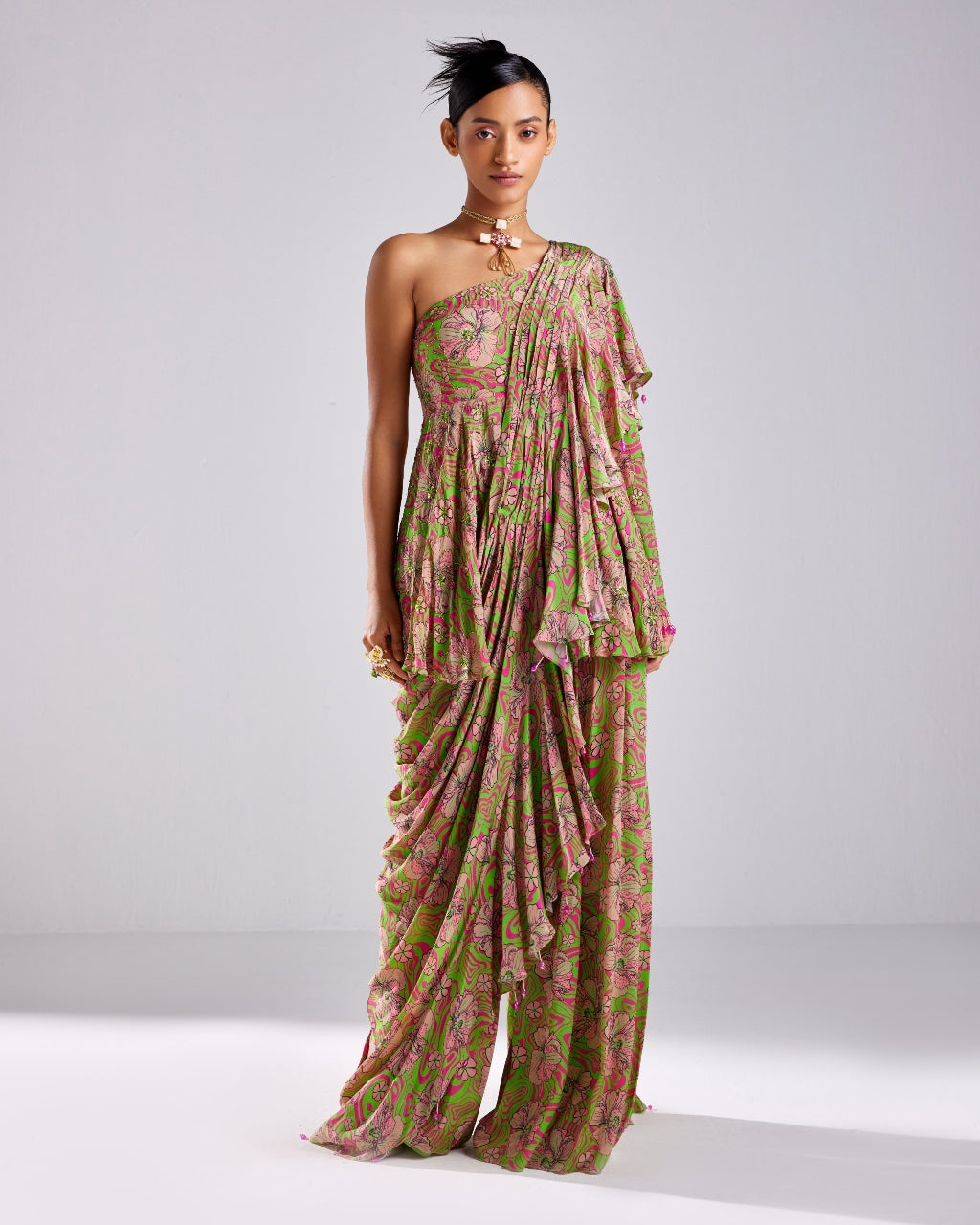 Neon Green Printed & Embroidered Pant Sari Set