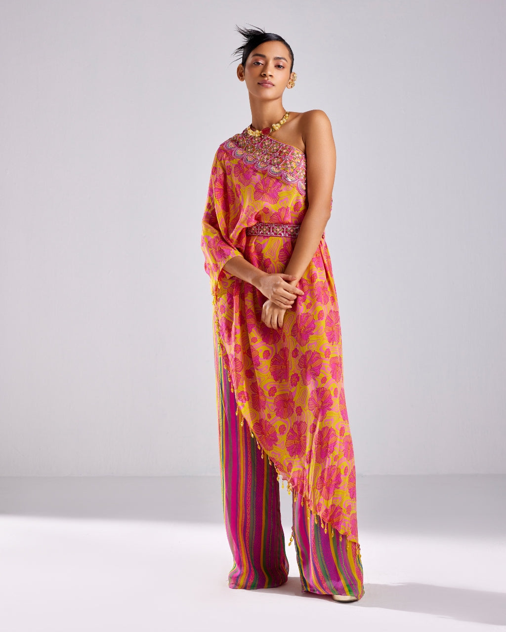 Pink Printed & Embroidered Kaftan Set